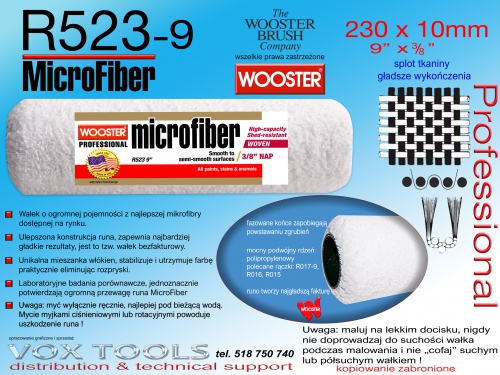 R523-9 230x10mm MicroFiber wałek malarski bezfakturowy z mikrofibry (zamiennik MicroPlush)