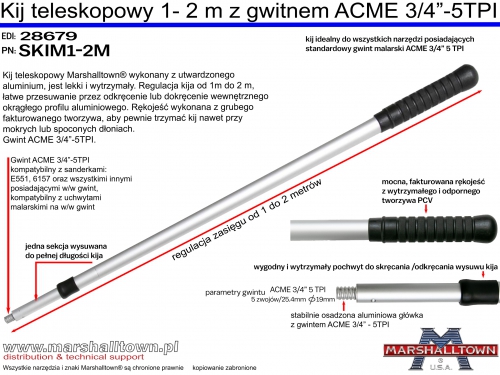 Kij teleskopowy SKIM1-2M od 1 do 2 metrów, gwint ACME 3/4- 5 TPI, do wszystkich narzędzi na gwint